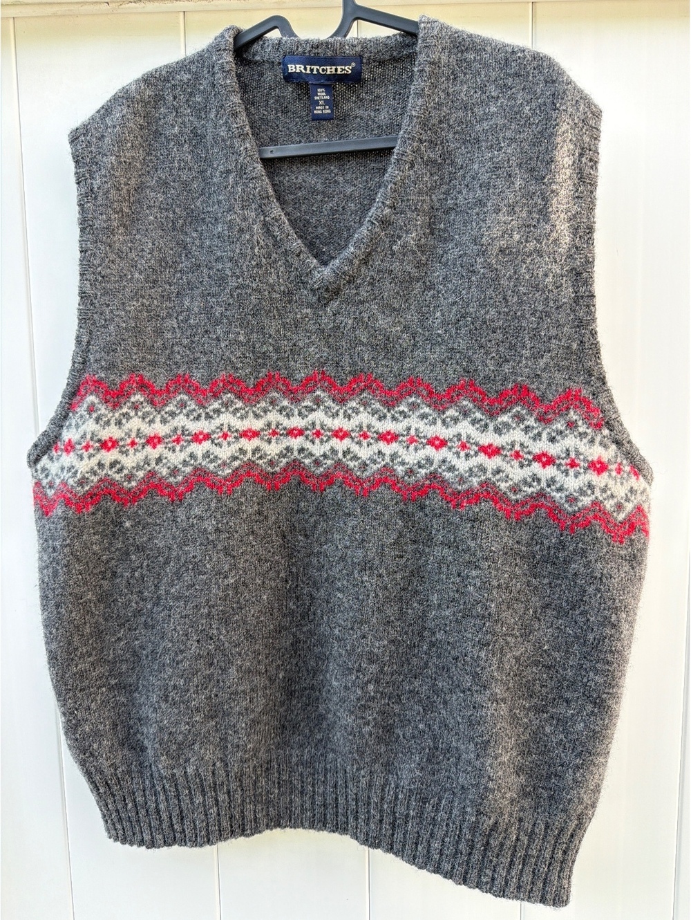 Vintage Britches Shetland Wool Fair Isle V-Neck Sweater Vest XL Grey Red